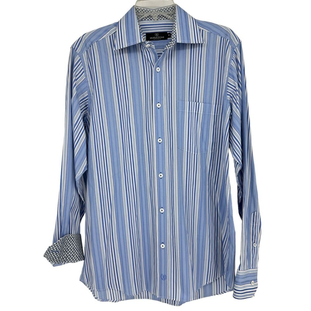 Bugatchi Dress Shirt Mens M Blue White Striped Long Sleeve Flip Cuff